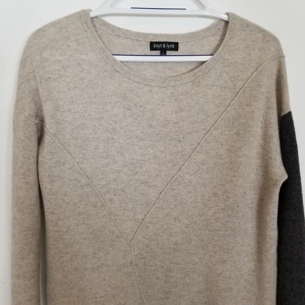 Knyt & Lynk Women 100% Cashmere Colorblock Pullover Sweater Sz L Beige‎ Gray